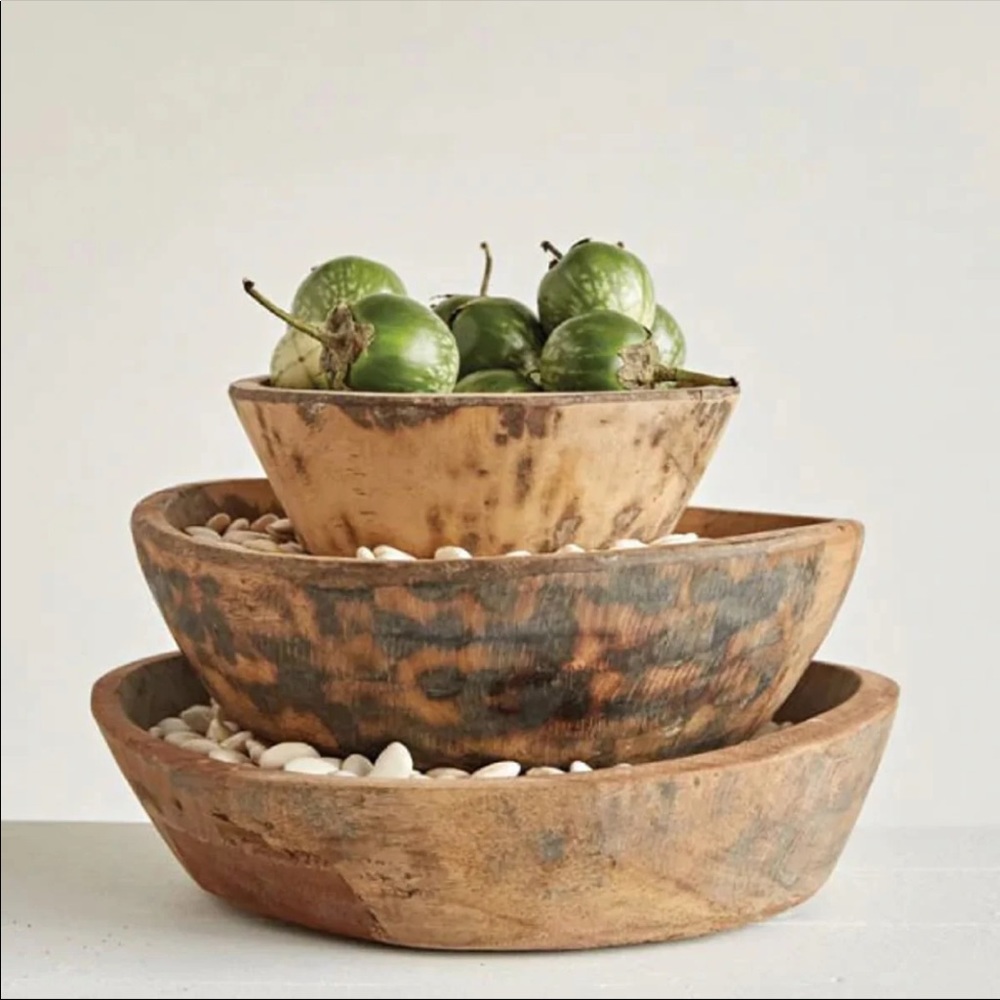 Vintage One of a Kind ROUND WOOD HAND CARVED BOWLS Set of 2